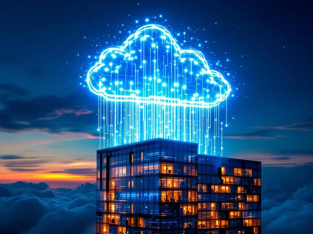 Luchtfoto van modern kantoorgebouw met lichtstralen die naar wolken stromen, digitale transformatie concept