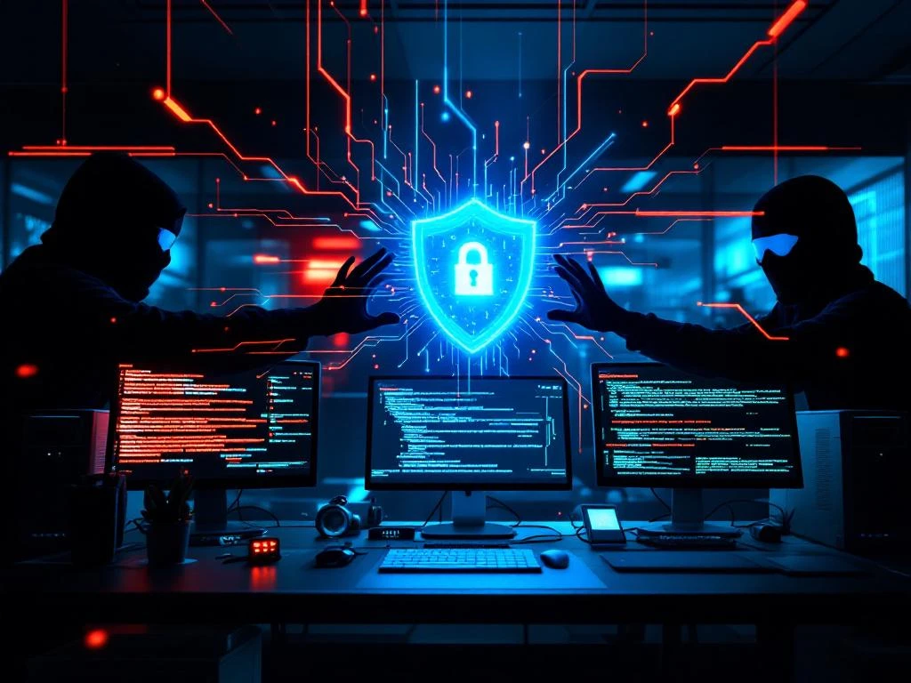 Gloeiend digitaal schild beschermt kantoorcomputers tegen cybercriminelen met rode code in donkere achtergrond