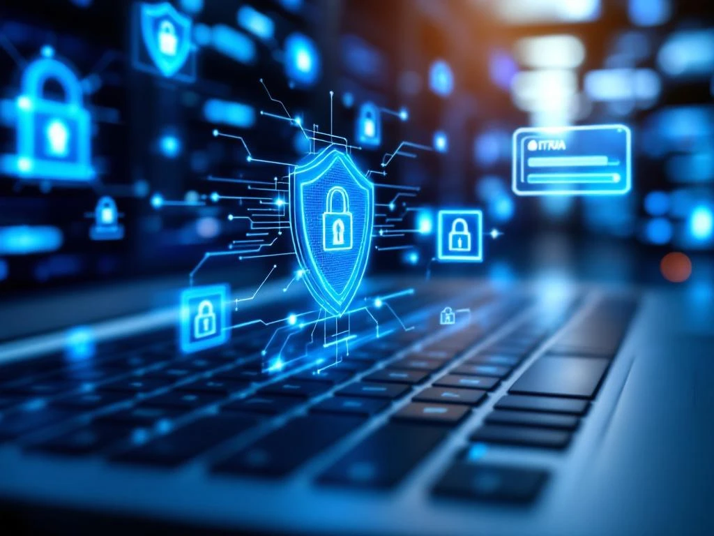 Laptop toetsenbord met zwevende blauwe beveiligingspictogrammen en digitale slot symbolen voor cybersecurity consultancy