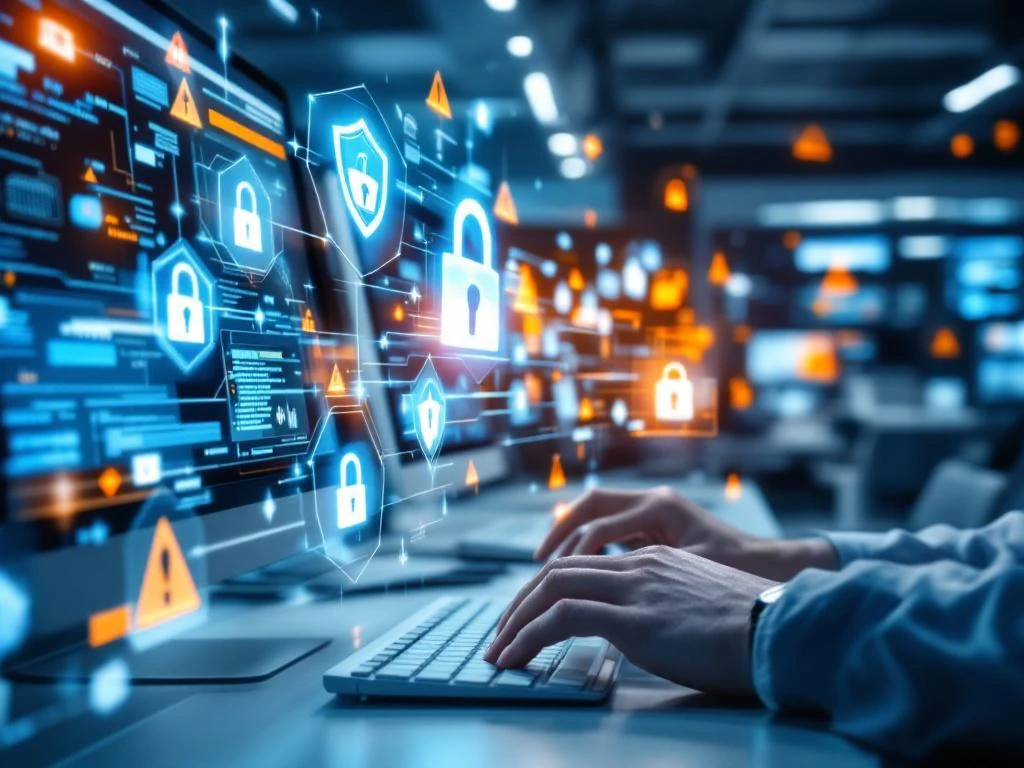 Cybersecurity training in modern kantoor met meerdere werkstations, holografische beveiligingselementen en presentatieschermen