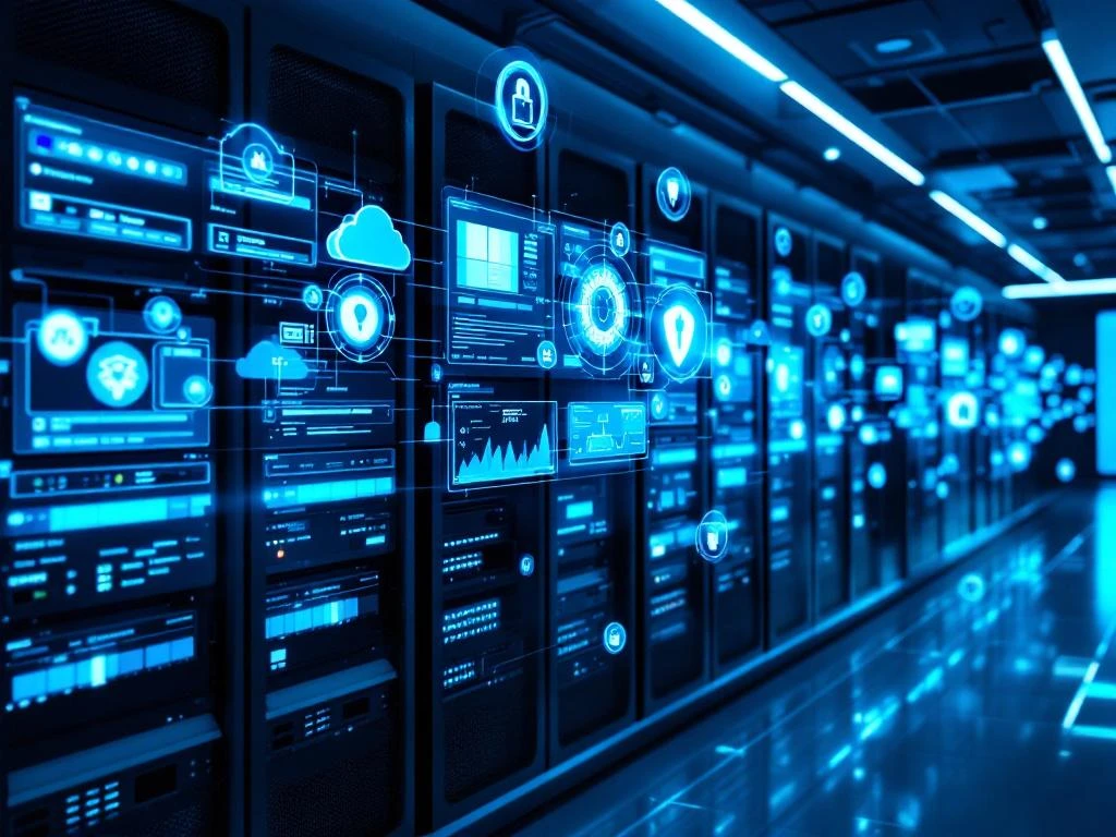 Moderne IT-beheerruimte met verlichte monitors, serverrekken met blauwe LED-verlichting en holografische cloud-iconen