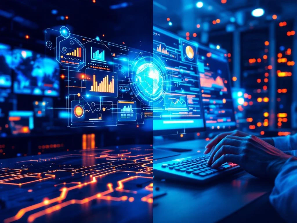 Split-screen IT-omgeving: moderne vergaderruimte met holografische netwerkdiagrammen links, technische werkplek rechts