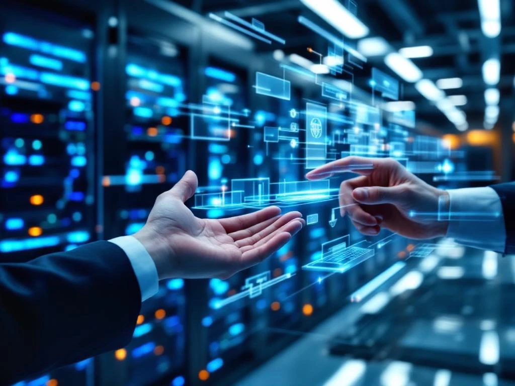IT-consultant toont holografische netwerkdiagrammen boven glasstafel in moderne datacenterkamer met blauwe LED-verlichting