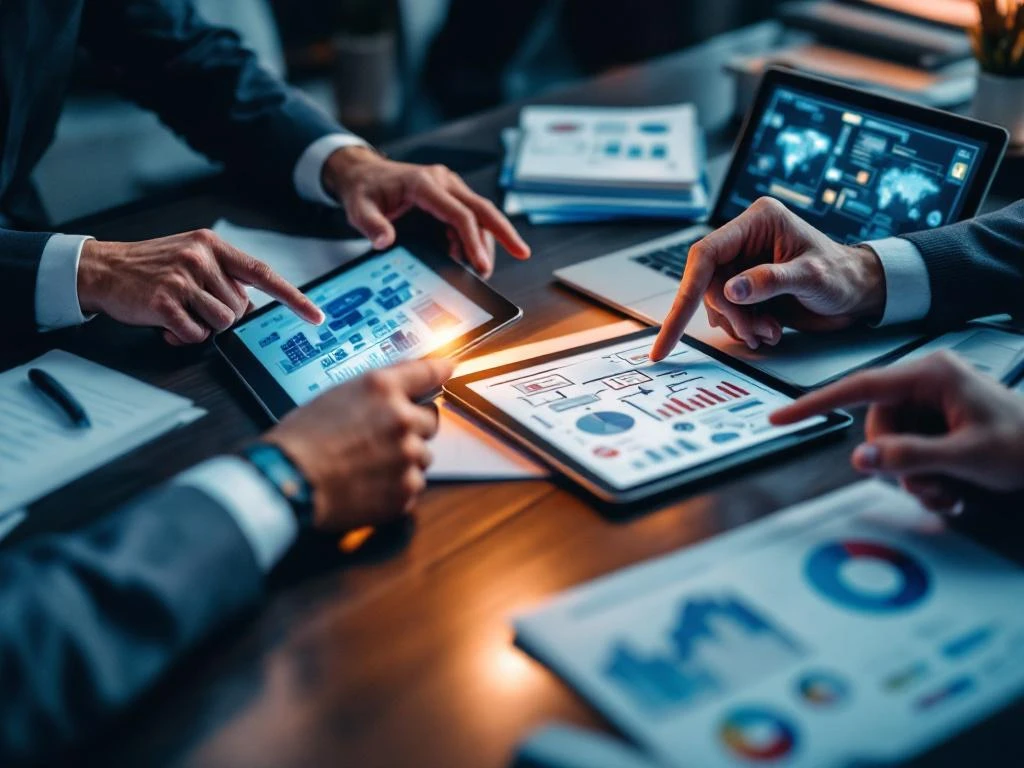 Zakelijke vergadering met handen die wijzen naar tablets en laptops met IT-infrastructuur diagrammen en netwerkschema's