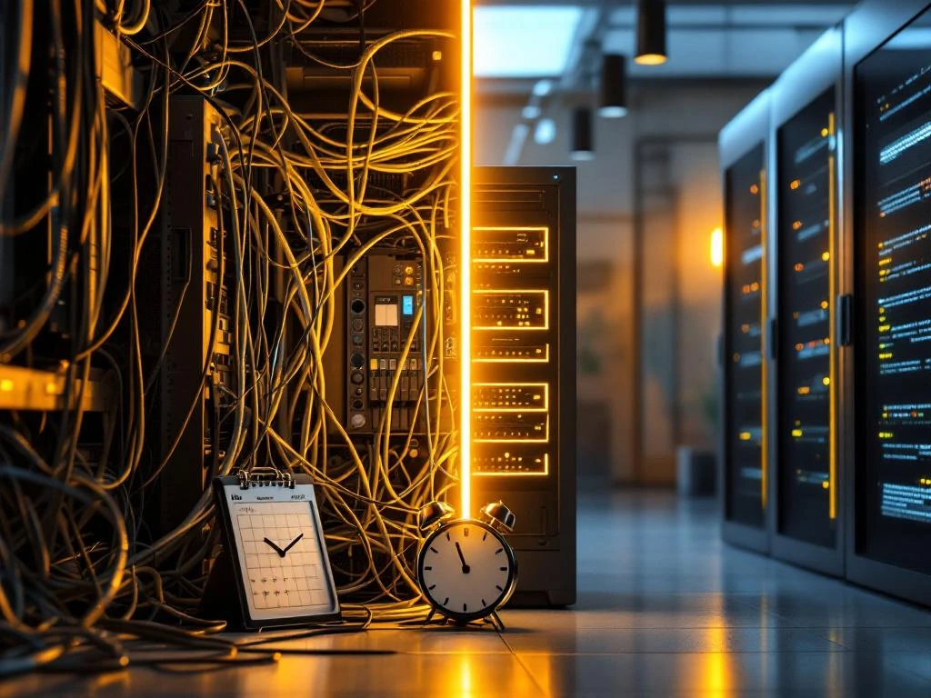 Modern kantoor met contrast tussen verouderde IT-apparatuur links en nieuwe servers met LED-verlichting rechts