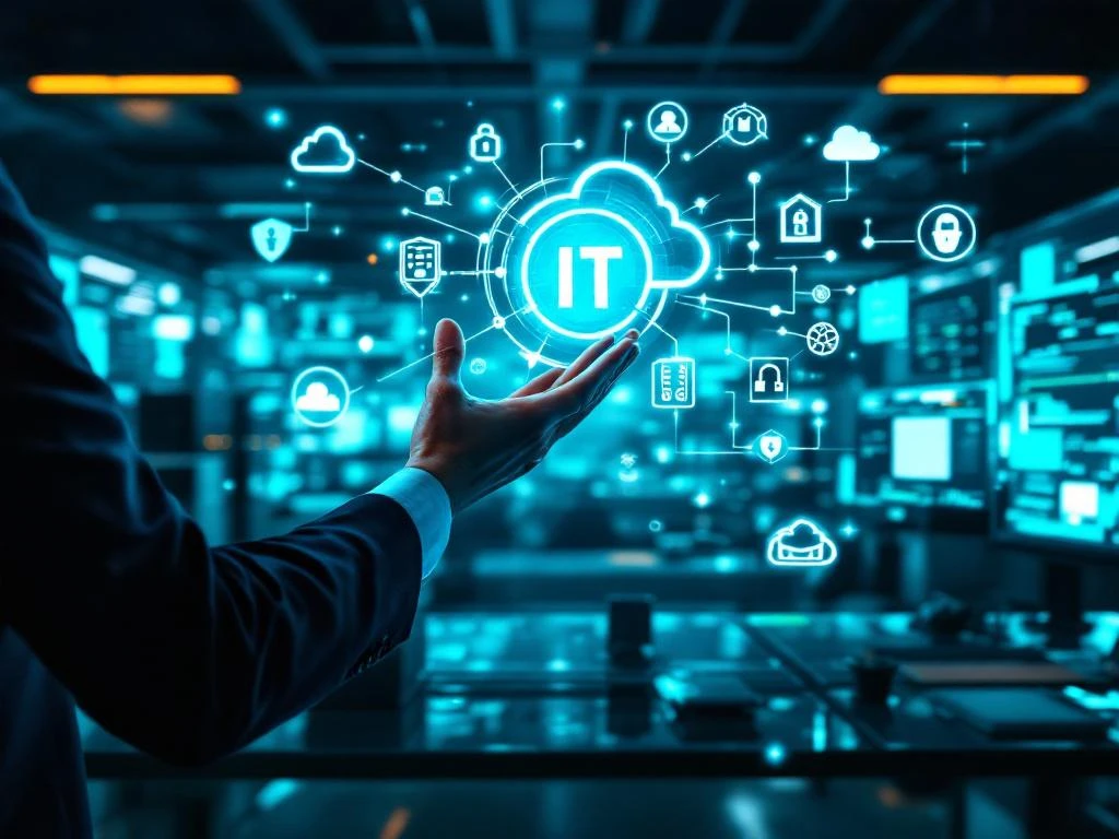 Zakenman wijst naar holografische IT-pictogrammen in moderne kantooromgeving met gloeinde computermonitors