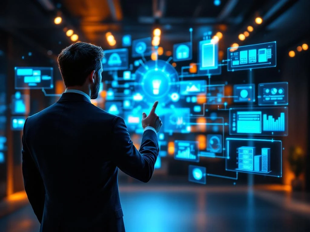 Professionele IT-consultant wijst naar holografische schermen met netwerkdiagrammen en data-analytics in moderne kantooromgeving