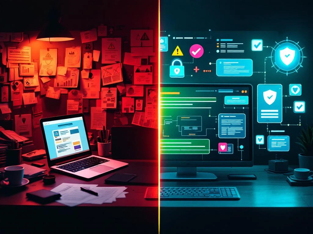 Split-screen vergelijking van ineffectieve versus moderne interactieve cybersecurity training met contrast tussen falen en succes