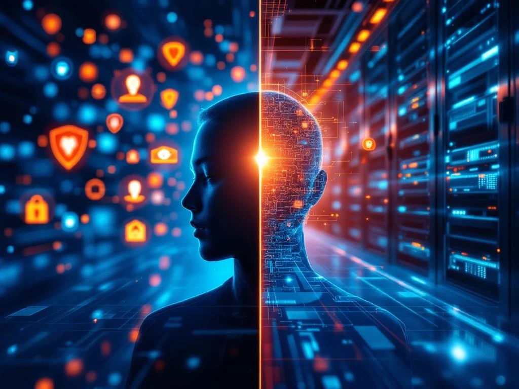 Split-screen toont menselijke cybersecurity met gloeiende silhouet en bewustzijnspictogrammen naast serverruimte met hardware