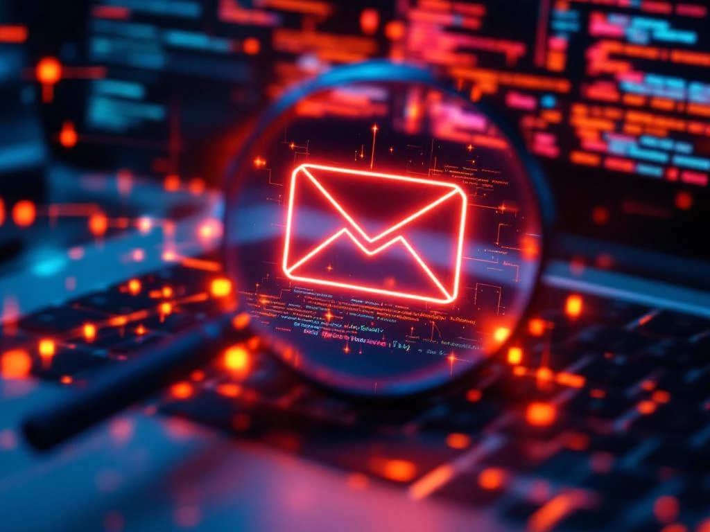 Computerscherm met zakelijke e-mail onder vergrootglas dat verborgen malware toont, omringd door cyberbeveiligingsschilden