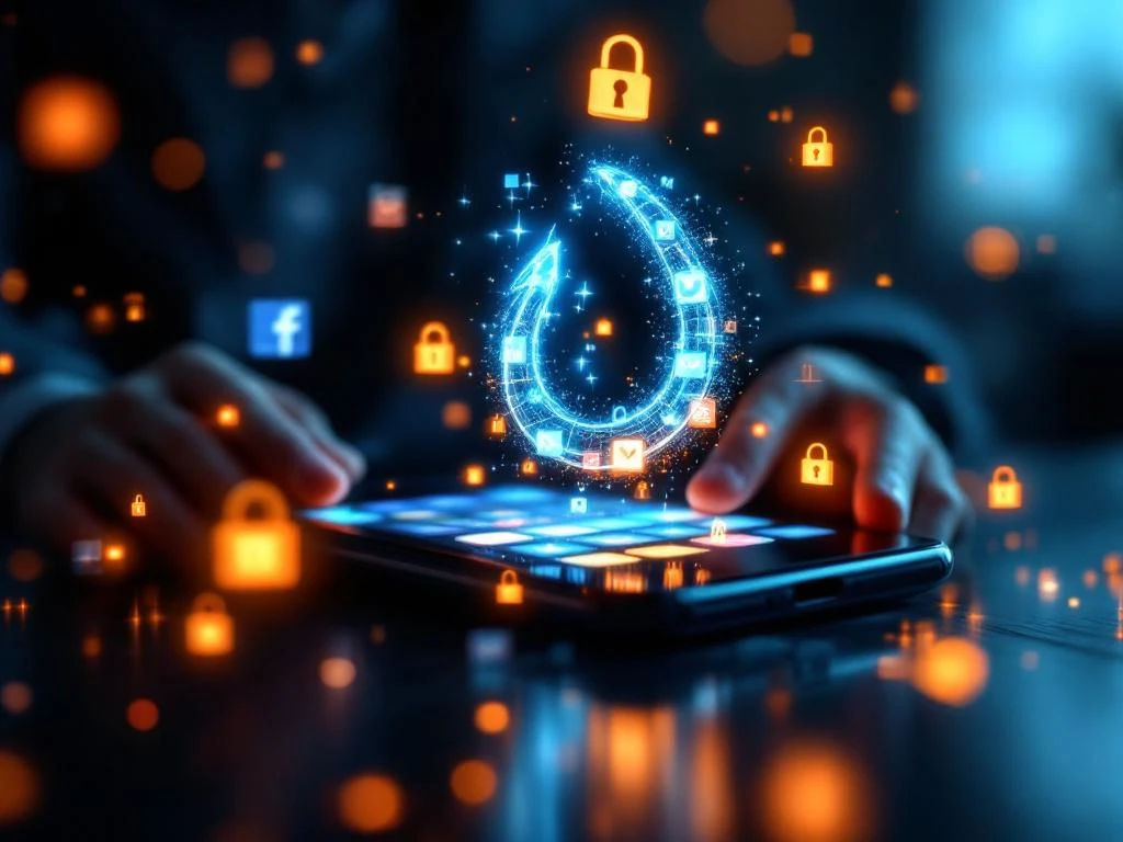 Smartphone met social media apps en doorschijnende vishaak die phishing-cyberdreiging symboliseert in kantooromgeving