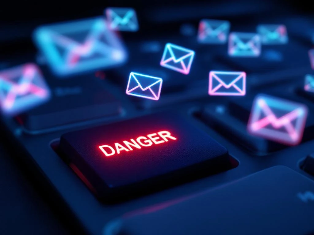 Computertoetsenbord met gloeiende rode "DANGER" toets omringd door holografische phishing-haken en e-mailenveloppen