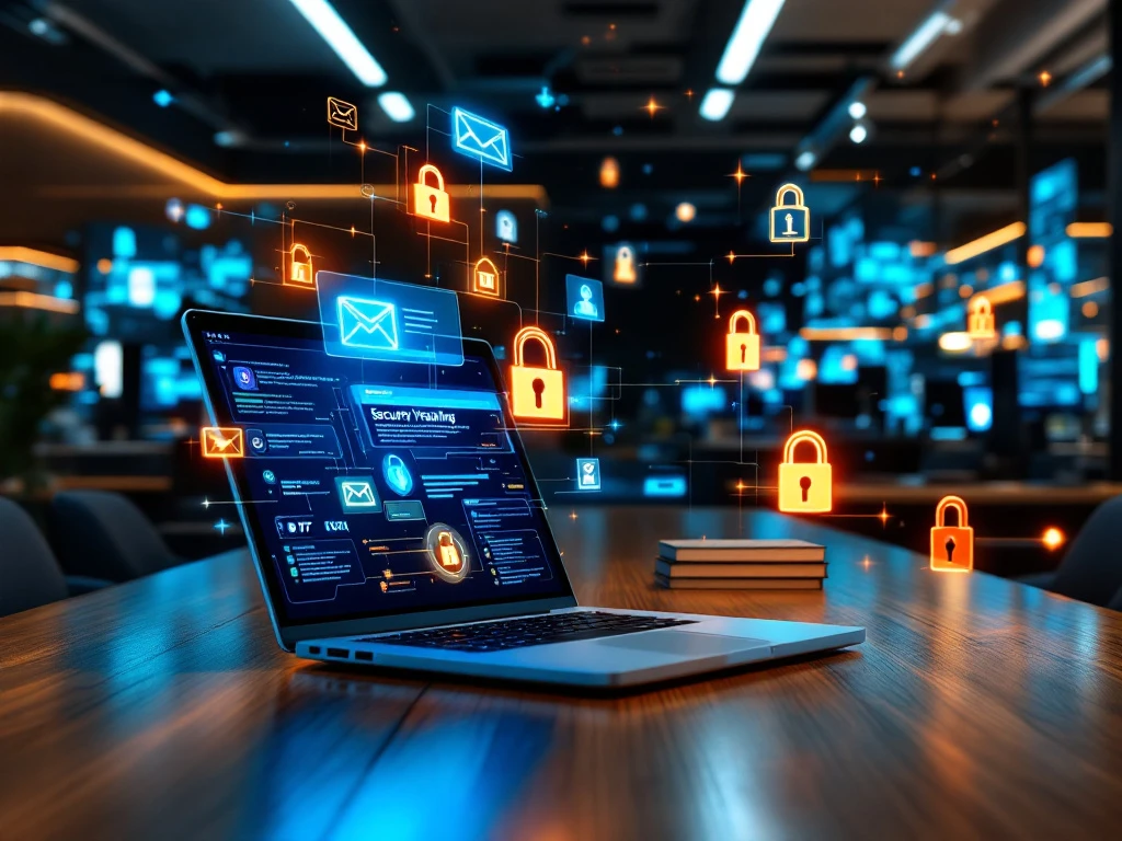 Moderne kantooromgeving met cybersecurity training op laptopschermen en holografische beveiligingssymbolen