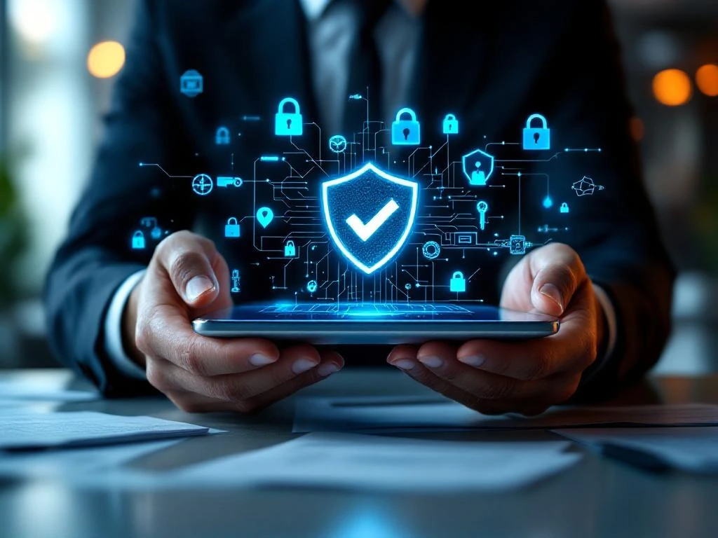 Zakenman houdt tablet met beveiligingsschild en holografische IT-symbolen in moderne Nederlandse kantooromgeving