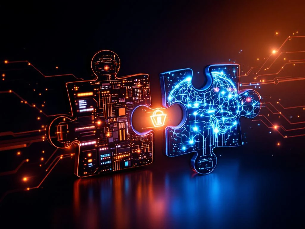 Twee in elkaar grijpende puzzelstukken: technische beveiliging met circuits en menselijk brein met digitale netwerken