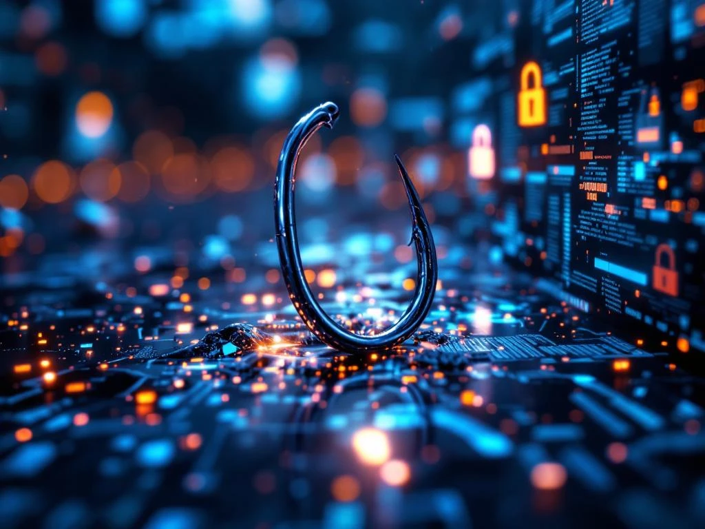 Vishaak doorprikt gloeiende datastroom met binaire code en gebroken digitale beveiligingsschilden op donkere achtergrond