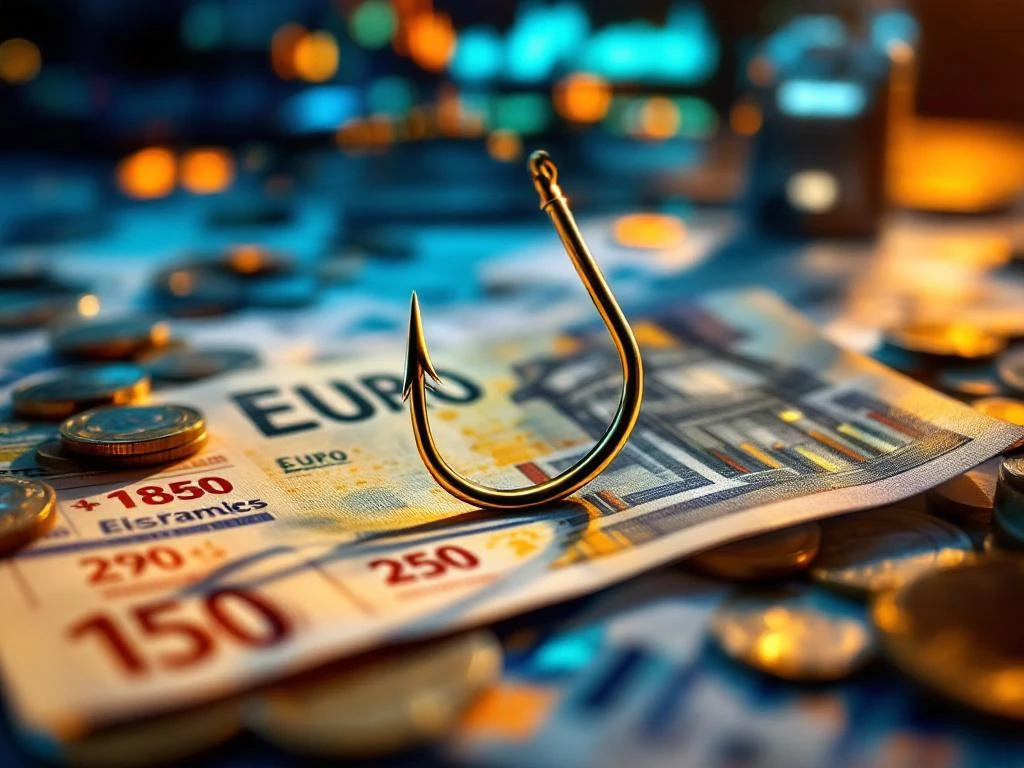 Gouden vishaak doorprikt eurobanknota met munten en financiële documenten, computerschermen op achtergrond