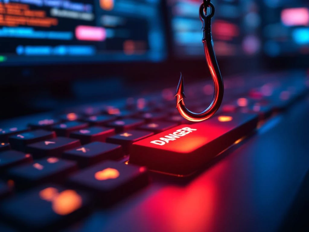 Computertoetsenbord met rode DANGER-toets en vishaak erboven, cybersecurity phishing dreigingsmetafoor met blauwe verlichting