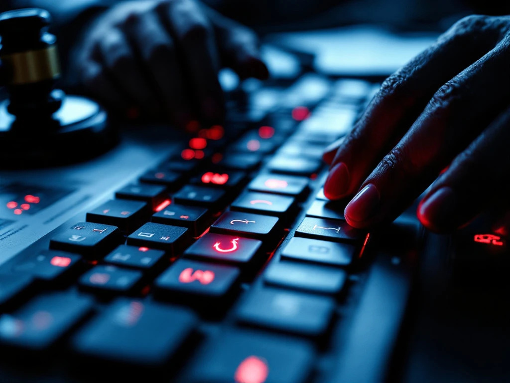 Computertoetsenbord met rode toets met vishaakmymbool, donkere handen erboven, juridische documenten op achtergrond