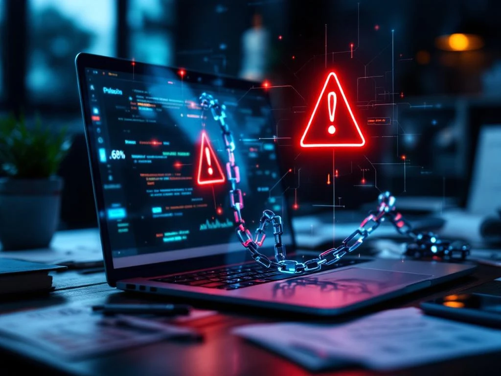 Laptop toont phishing e-mail met rode waarschuwing, digitale ketens rond bedrijfsdocumenten op donker bureau