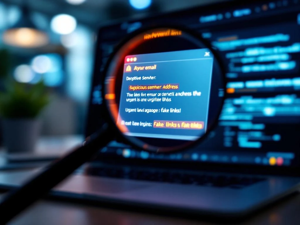Laptopscherm toont verdachte phishing-e-mail met rode waarschuwingen en vergrootglas dat malware-elementen onthult