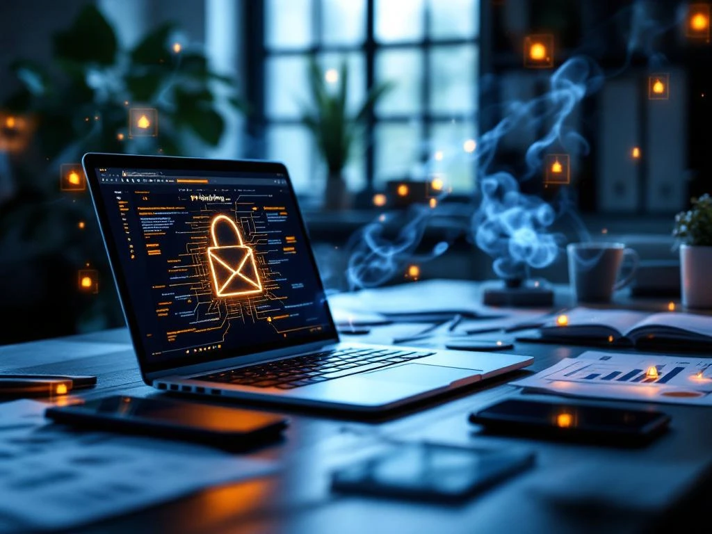 Laptop toont phishing e-mail op kantoorbureau met beveiligingswaarschuwingen en digitale dreigingssymbolen in dramatisch licht