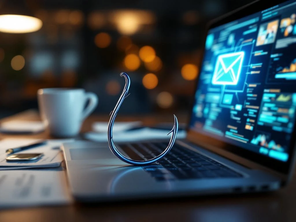 Laptopscherm toont phishing-e-mail met realistische vishaak die uit het scherm steekt op kantoorbureau