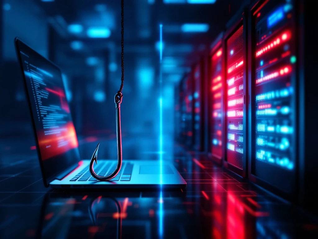 Gesplitste weergave van cyberdreigingen: phishing haak uit laptop links, gecompromitteerde servers rechts in rood-blauw licht