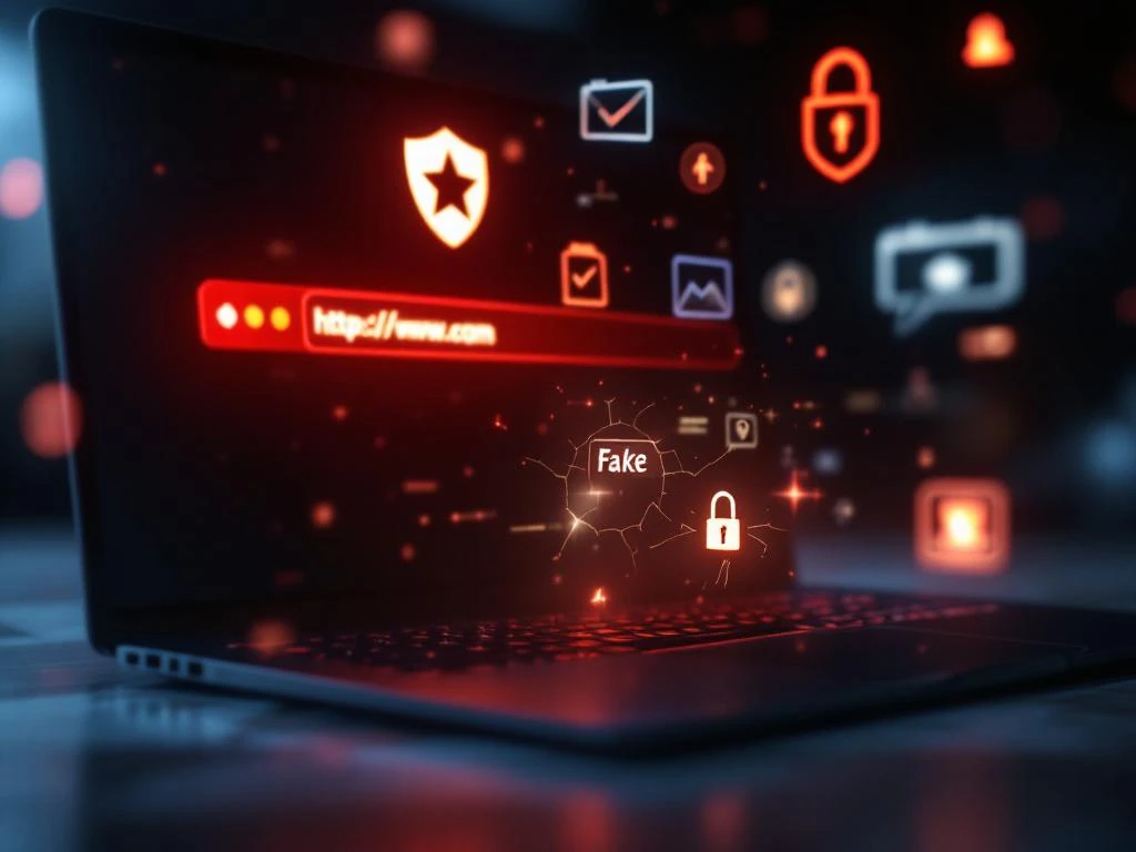 Laptop toont phishing website met valse beveiligingspictogrammen en verdachte URL in rood-oranje licht