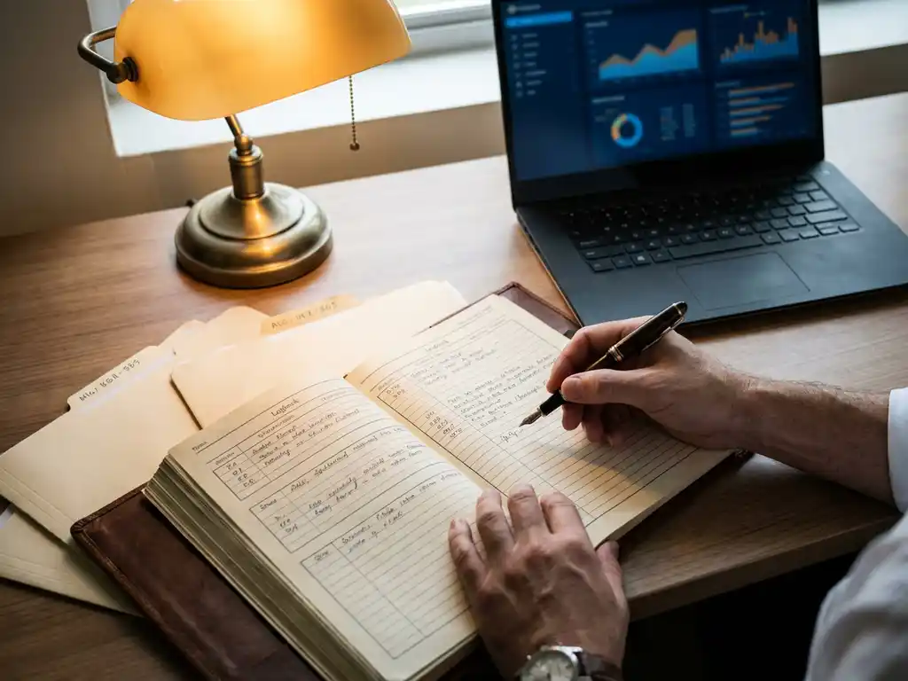 Beveiligingsanalist documenteert incidentdetails in leren logboek met vulpen, omringd door mappen en laptop met dashboards