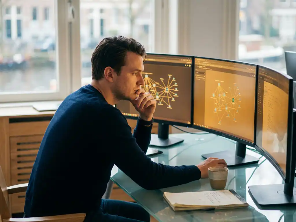 Beveiligingsanalist bestudeert gloeiende netwerkverbindingen op meerdere monitoren in modern kantoor met warme verlichting