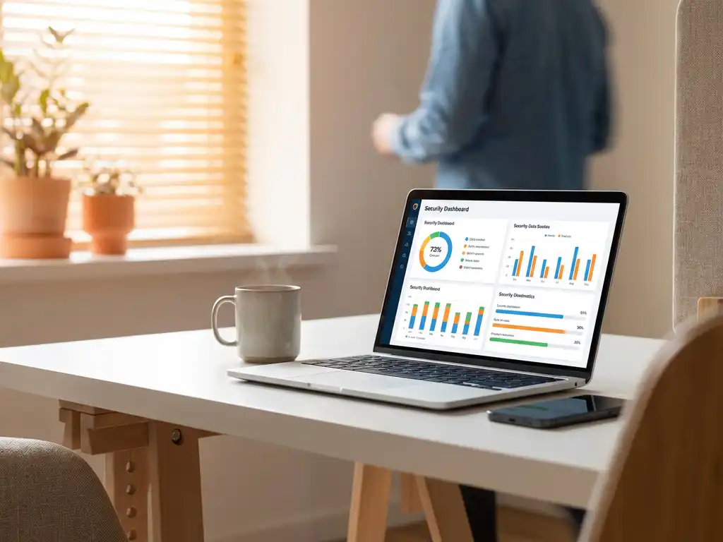 Moderne laptop toont kleurrijk beveiligingsdashboard met grafieken op wit bureau naast koffiekop en smartphone