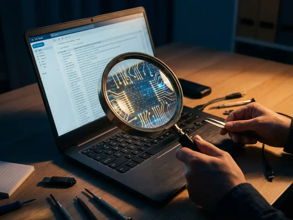 Vergrootglas boven laptoptoetsenbord onthult verborgen circuitpatronen onder e-mailtekst, cybersecurity analist met forensische tools