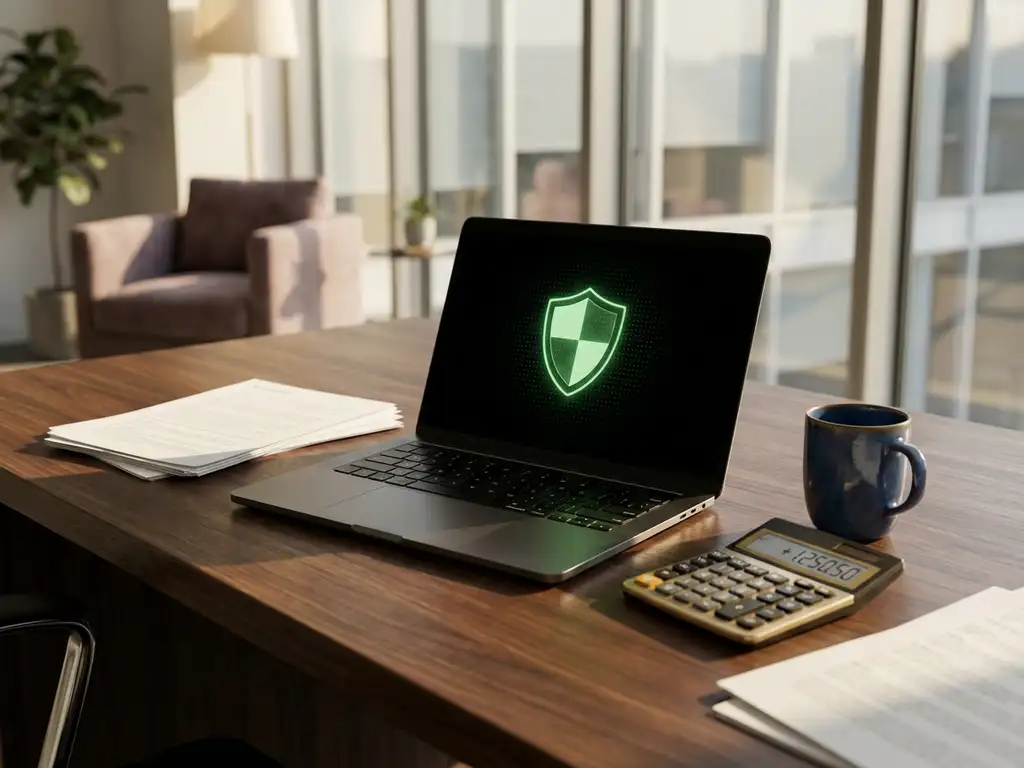 Moderne laptop met groen beveiligingsschild op scherm op houten bureau omringd door financiële documenten en rekenmachine