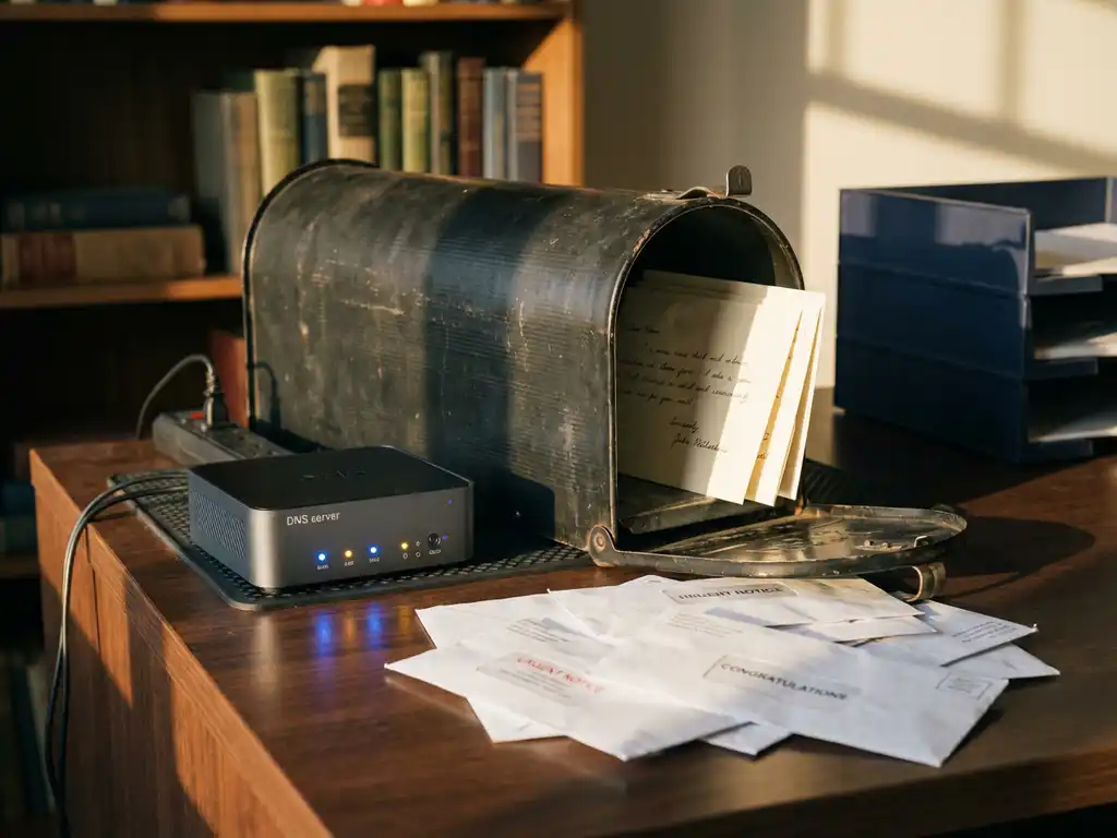 Metalen brievenbus met open deur toont echte brieven, nep-enveloppen liggen verspreid op bureau naast DNS-server met knipperende lichten