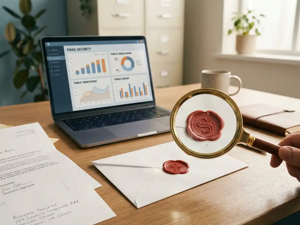Witte envelop met rode lakzegel op bureau, vergrootglas toont details, omringd door zakelijke brieven en laptop met e-mailbeveiliging