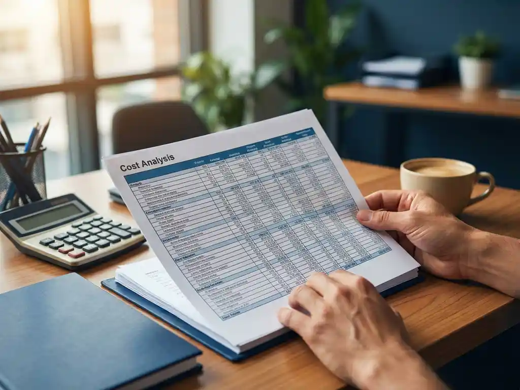 Gedetailleerde kostenanalyse spreadsheet voor e-mailbeveiligingsoplossingen op modern kantoorbureau met rekenmachine en koffiekop