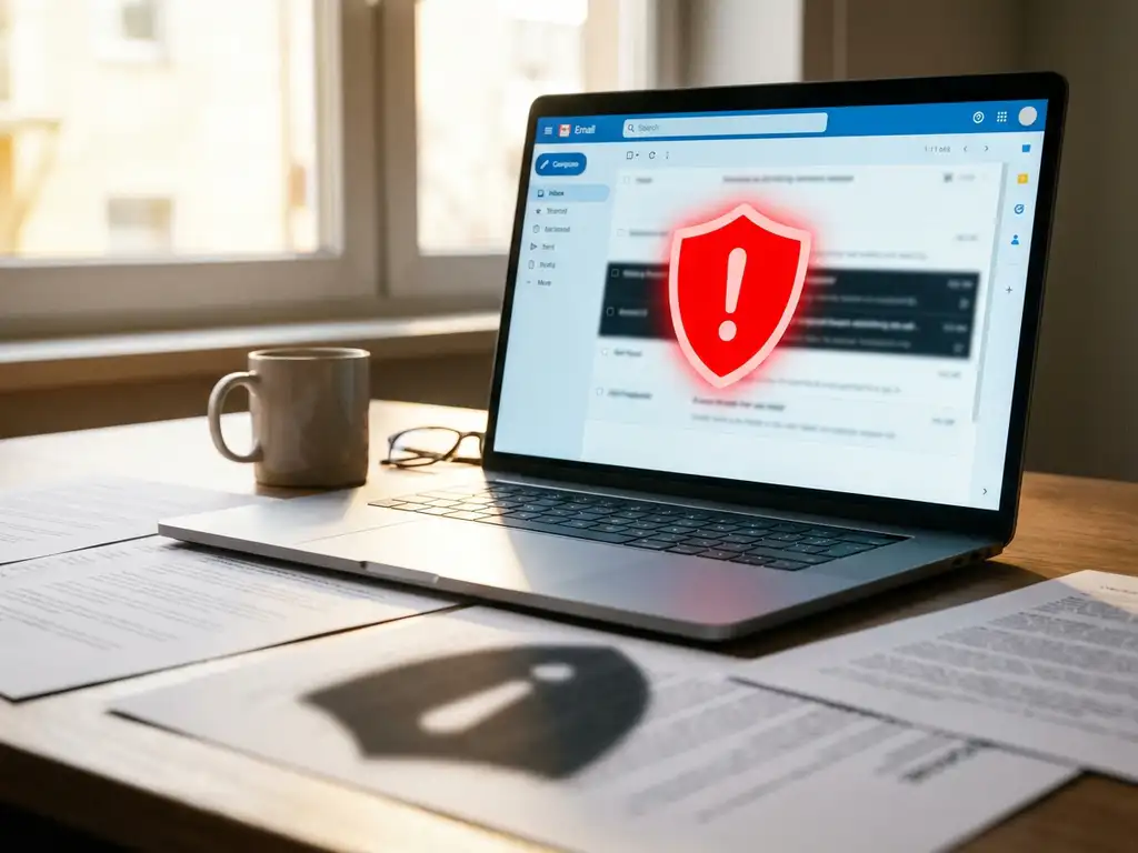 Laptop toont e-mailinbox met rood waarschuwingsschild dat verdachte e-mail blokkeert op modern kantoorbureau