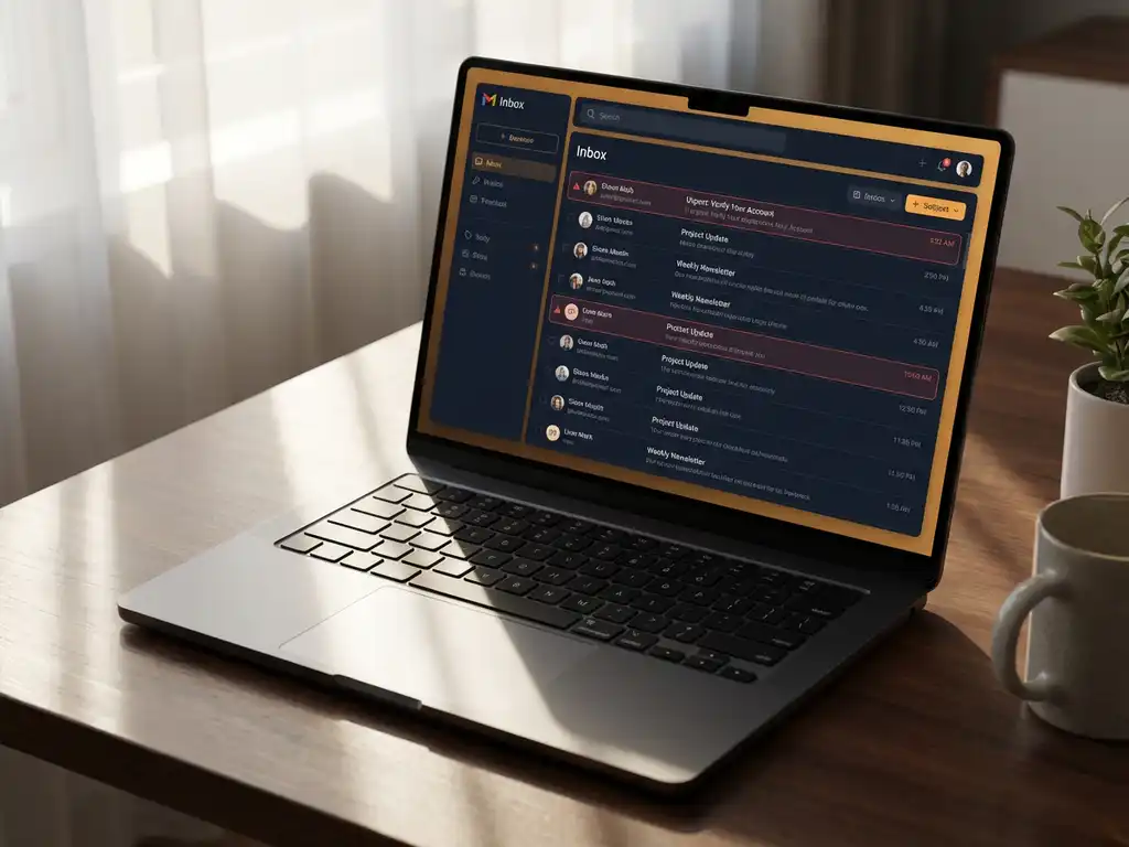 Laptop toont e-mailinbox met legitieme berichten en verdachte e-mails gemarkeerd met rode waarschuwingsindicatoren op modern bureau