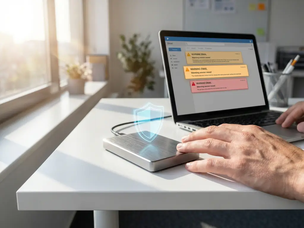 Externe harde schijf met blauw beveiligingsschild hologram op wit bureau naast laptop met waarschuwingsmeldingen