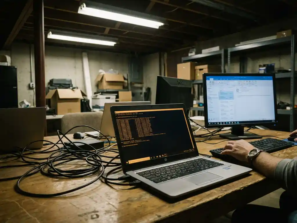 Rommelige kelder werkruimte met meerdere laptops die commandoprompts en e-mailinterfaces tonen op houten tafel