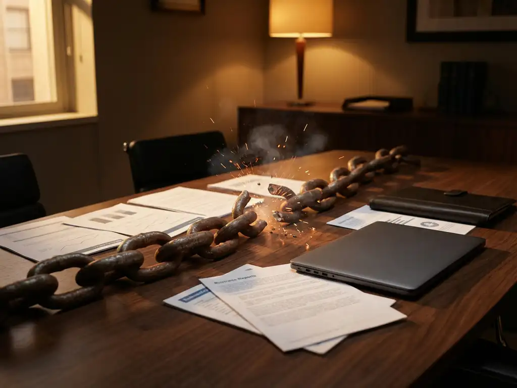 Zware stalen schakel breekt dramatisch met vonken op gepolijste donkere houten conferentietafel met documenten en laptop