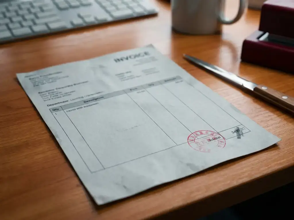 Verdacht uitziende factuur op een houten bureau met rood waarschuwingsstempel bij het totaalbedrag en een briefopener ernaast.