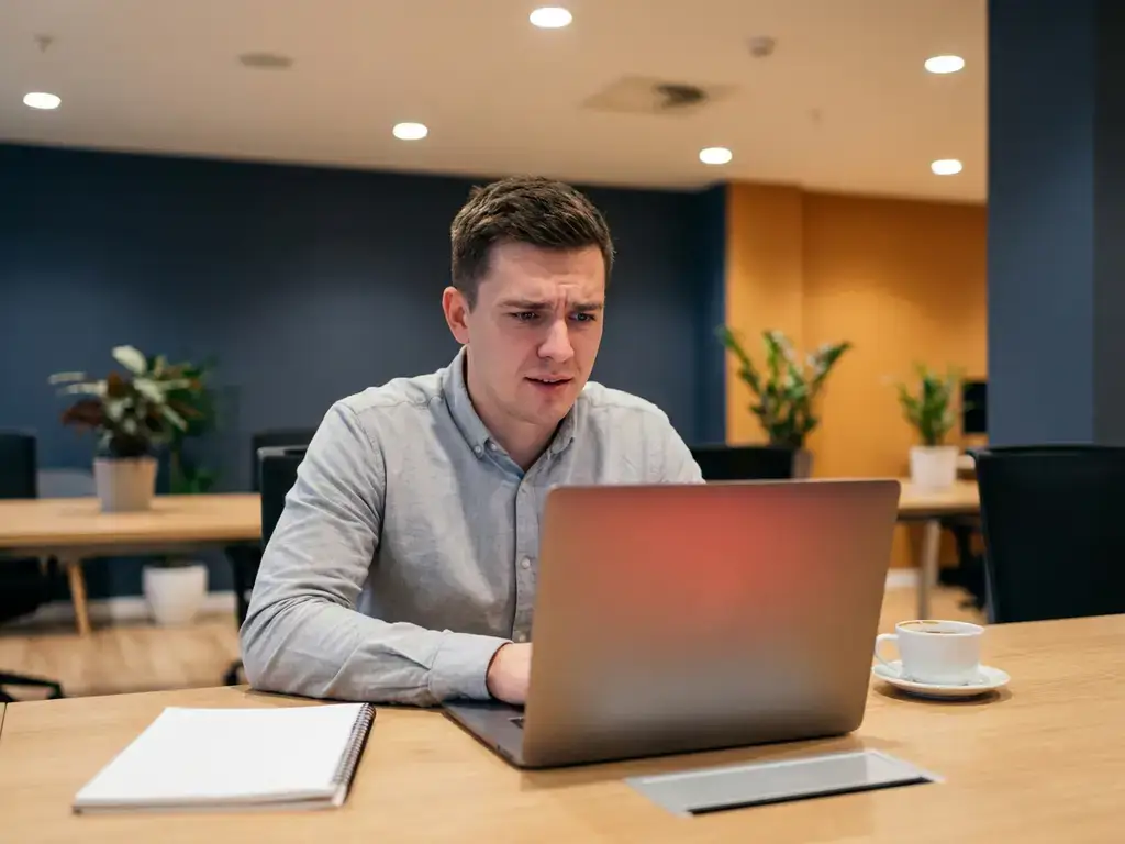 Nieuwe medewerker opent verdachte e-mail op laptop aan modern bureau, rode waarschuwing weerspiegeld in bezorgde blik.