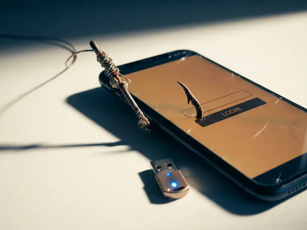 Verroeste vishengel verstrengeld in smartphonescherm met inlogprompt, naast een fysieke beveiligingssleutel op wit bureau.