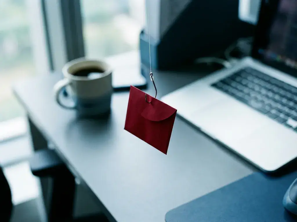 Vishaak vermomd als rode envelop hangt boven modern kantoorbureau met laptop en koffiekop