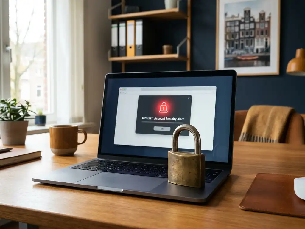 Verdacht e-mailbericht op laptopscherm met messing hangslot op toetsenbord in professioneel Nederlands kantoor.