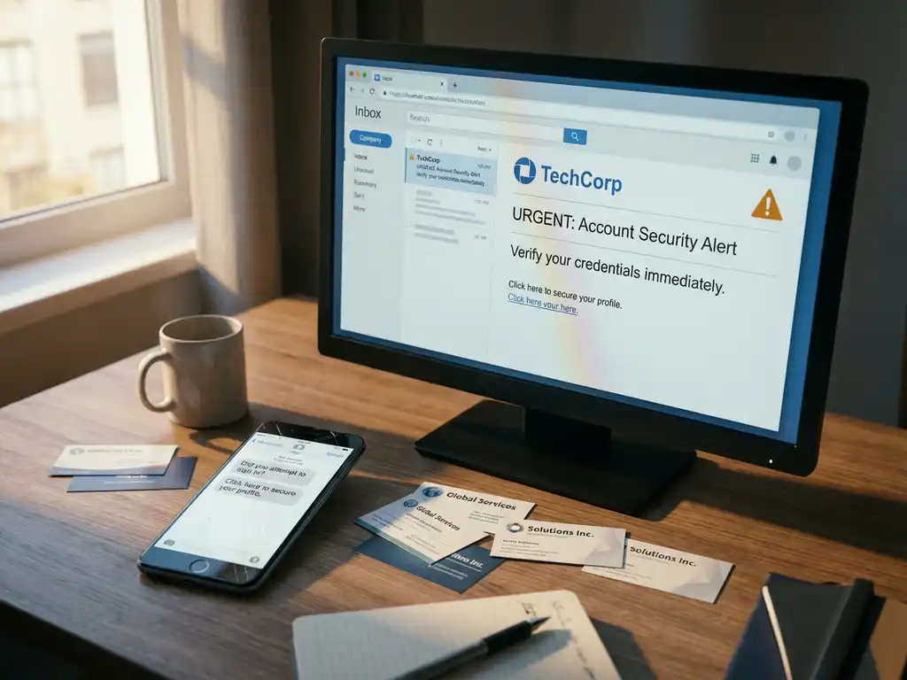 Computermonitor met phishing-e-mail naast smartphone en valse visitekaartjes op modern kantoorbureau