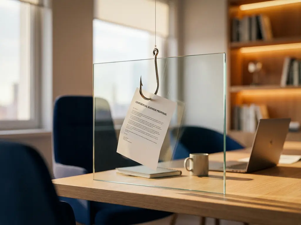 Vishaak met zakelijke e-mail als aas boven bureau, onderschept door beschermend glazen schild