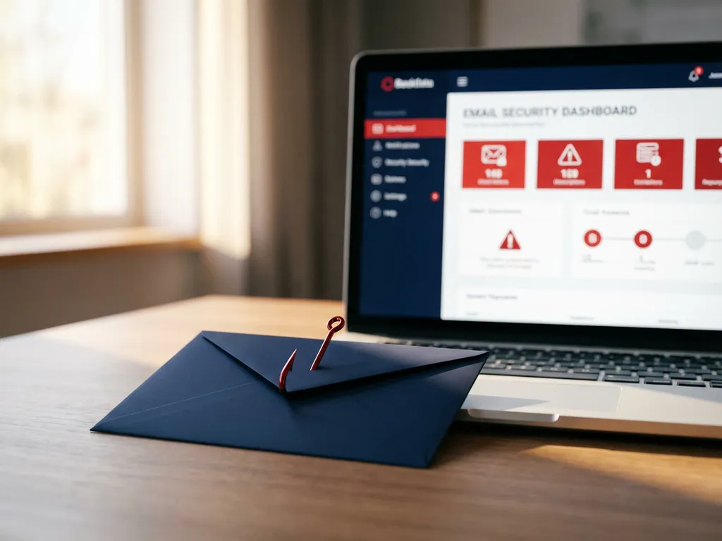 Verdachte e-mail met rode vishaak door envelop op modern bureaudesktop, laptop toont e-mailbeveiliging op achtergrond